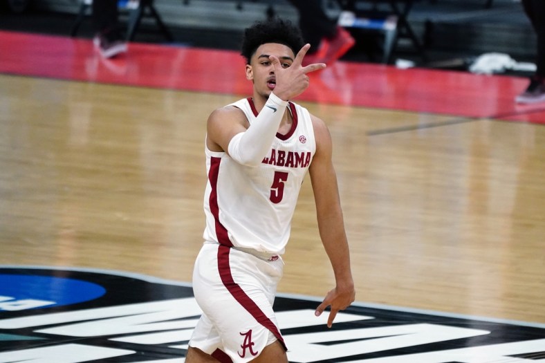 Mar 22, 2021; Indianapolis, Indiana, USA; Alabama Crimson Tide guard Jaden Shackelford (5) reacts in the second half against the Maryland Terrapins  in the second round of the 2021 NCAA Tournament at Bankers Life Fieldhouse. Mandatory Credit: Kirby Lee-USA TODAY Sports