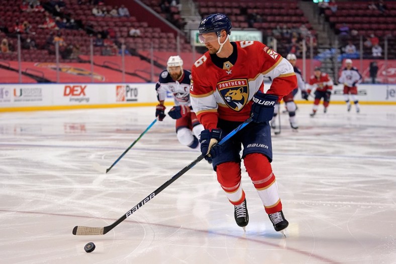 Apr 4, 2021; Sunrise, Florida, USA; Florida Panthers defenseman Anton Stralman (6) controls the puck against the Columbus Blue Jackets during the first period at BB&T Center. Mandatory Credit: Jasen Vinlove-USA TODAY Sports