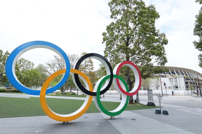 Apr 6, 2021; Tokyo, JAPAN; General view of the Olympic rings sculpture near the Japan National Stadium in preparation for the Tokyo 2020 Olympic Summer Games set to begin in July 2021. Mandatory Credit: Yukihito Taguchi-USA TODAY Sports