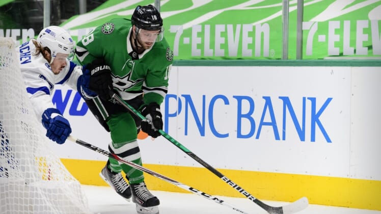 Mar 25, 2021; Dallas, Texas, USA; Dallas Stars center Jason Dickinson (18) in action during the game between the Dallas Stars and the Tampa Bay Lightning at the American Airlines Center. Mandatory Credit: Jerome Miron-USA TODAY Sports