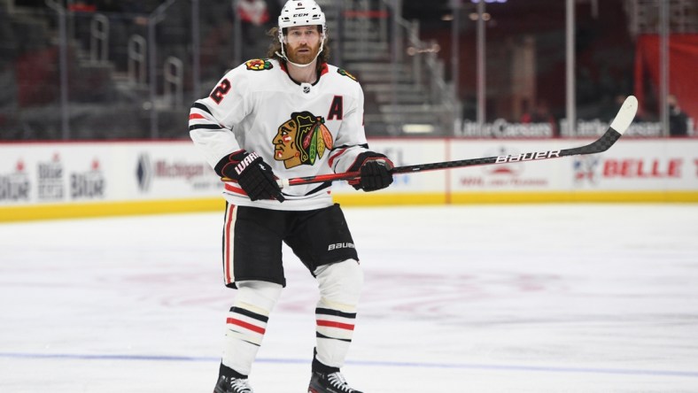 Apr 15, 2021; Detroit, Michigan, USA; Chicago Blackhawks defenseman Duncan Keith (2) during the third period against the Detroit Red Wings at Little Caesars Arena. Mandatory Credit: Tim Fuller-USA TODAY Sports