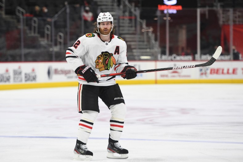 Apr 15, 2021; Detroit, Michigan, USA; Chicago Blackhawks defenseman Duncan Keith (2) during the third period against the Detroit Red Wings at Little Caesars Arena. Mandatory Credit: Tim Fuller-USA TODAY Sports