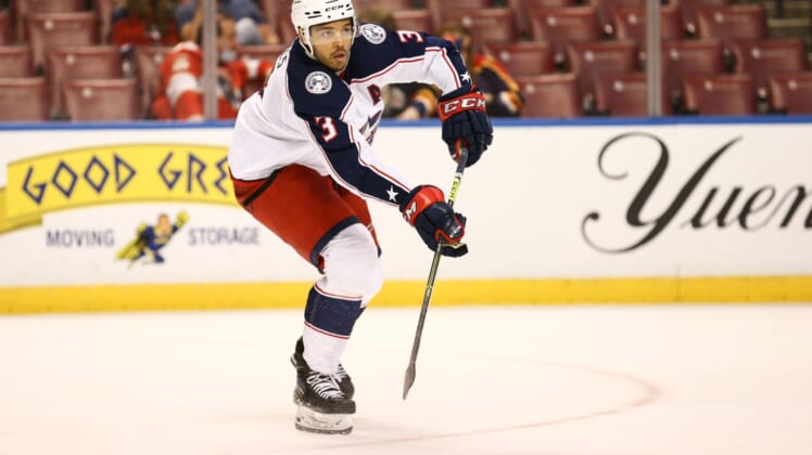 Apr 20, 2021; Sunrise, Florida, USA; Columbus Blue Jackets defenseman Seth Jones (3) passes the puck against the Florida Panthers during the second period at BB&T Center. Mandatory Credit: Sam Navarro-USA TODAY Sports