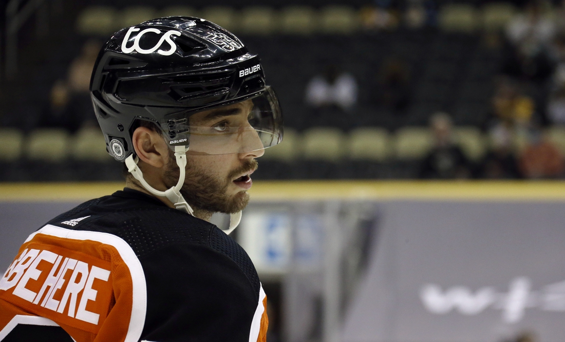 Apr 15, 2021; Pittsburgh, Pennsylvania, USA;  Philadelphia Flyers defenseman Shayne Gostisbehere (53) looks on against the Pittsburgh Penguins during the second period at PPG Paints Arena. Philadelphia won 2-1 in a shootout.  Mandatory Credit: Charles LeClaire-USA TODAY Sports