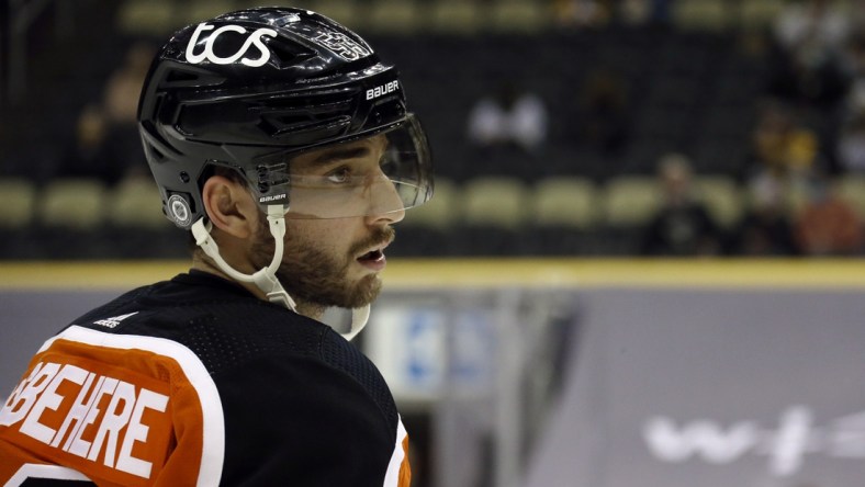 Apr 15, 2021; Pittsburgh, Pennsylvania, USA;  Philadelphia Flyers defenseman Shayne Gostisbehere (53) looks on against the Pittsburgh Penguins during the second period at PPG Paints Arena. Philadelphia won 2-1 in a shootout.  Mandatory Credit: Charles LeClaire-USA TODAY Sports