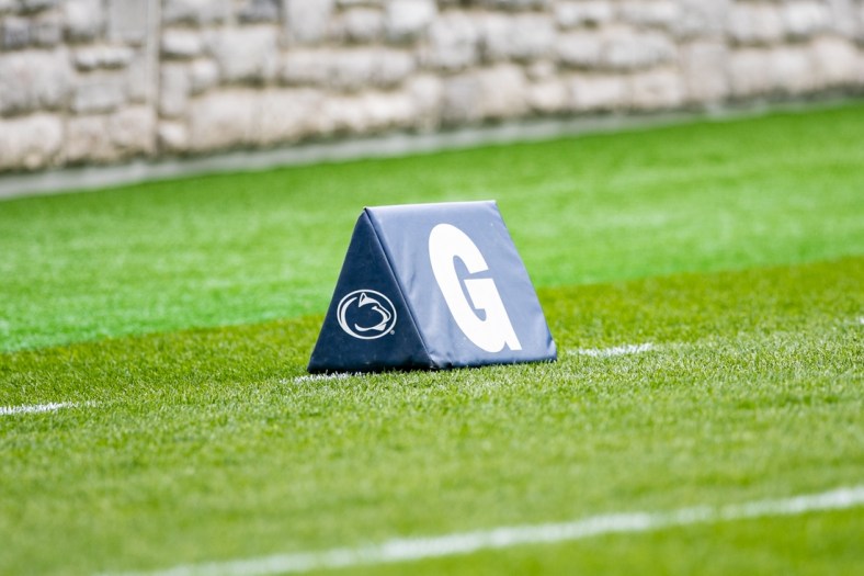 Apr 17, 2021; University Park, PA, USA; A photo of a pylon in the end zone during the Penn State spring practice at Beaver Stadium. Mandatory Credit: Mark Alberti-USA TODAY Sports