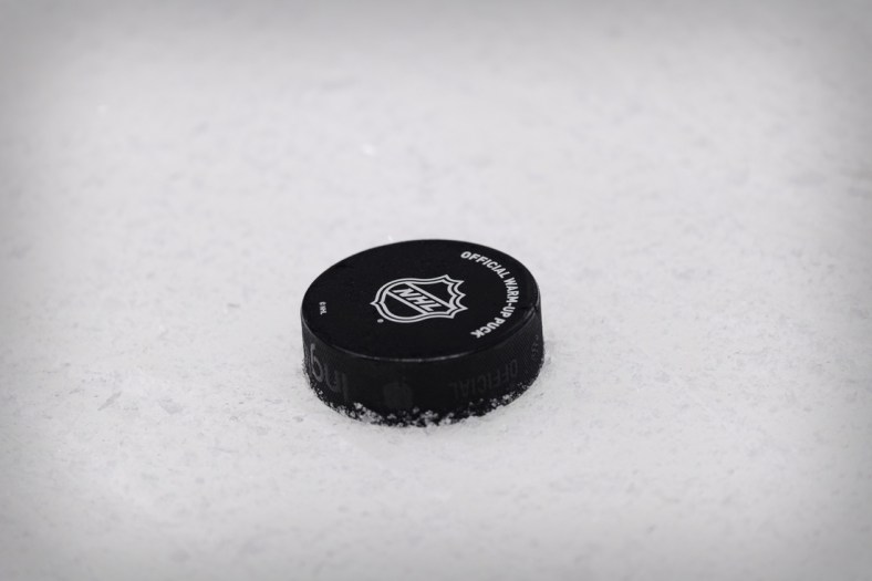 Apr 26, 2021; Dallas, Texas, USA;  A view of an NHL hockey puck before the game between the Dallas Stars and the Carolina Hurricanes at the American Airlines Center. Mandatory Credit: Jerome Miron-USA TODAY Sports
