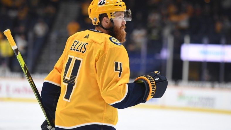 Apr 27, 2021; Nashville, Tennessee, USA; Nashville Predators defenseman Ryan Ellis (4) after scoring on a shot during the first period against the Florida Panthers at Bridgestone Arena. Mandatory Credit: Christopher Hanewinckel-USA TODAY Sports