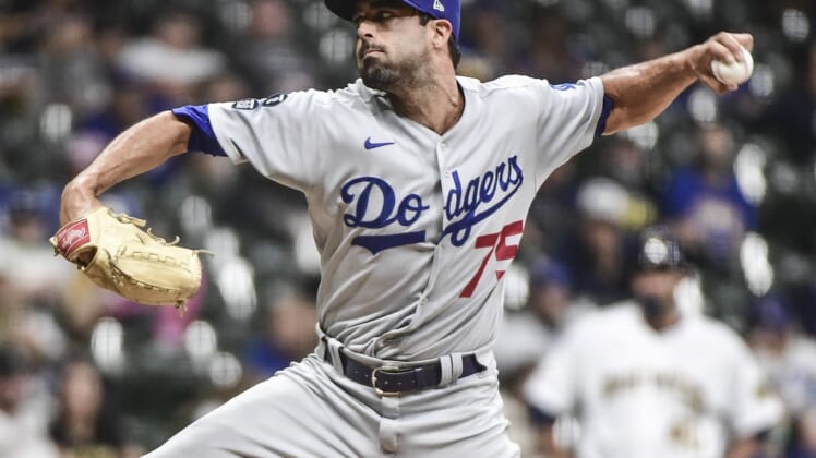May 1, 2021; Milwaukee, Wisconsin, USA; Los Angeles Dodgers pitcher Scott Alexander (75) pitches in the fifth inning against the Milwaukee Brewers at American Family Field. Mandatory Credit: Benny Sieu-USA TODAY Sports