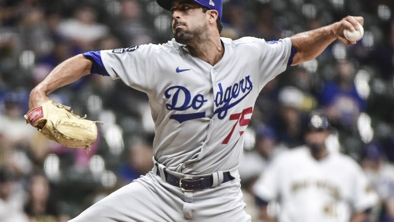 May 1, 2021; Milwaukee, Wisconsin, USA; Los Angeles Dodgers pitcher Scott Alexander (75) pitches in the fifth inning against the Milwaukee Brewers at American Family Field. Mandatory Credit: Benny Sieu-USA TODAY Sports