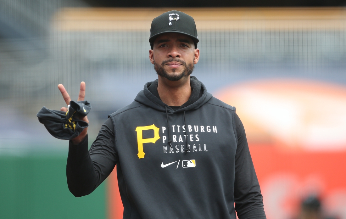 Apr 28, 2021; Pittsburgh, Pennsylvania, USA;  Pittsburgh Pirates relief pitcher Duane Underwood Jr. (56) gestures on the field before playing the Kansas City Royals at PNC Park. Mandatory Credit: Charles LeClaire-USA TODAY Sports