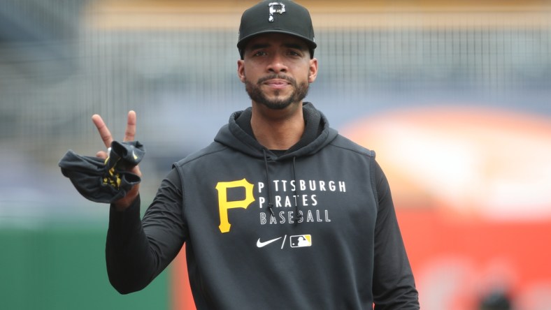 Apr 28, 2021; Pittsburgh, Pennsylvania, USA;  Pittsburgh Pirates relief pitcher Duane Underwood Jr. (56) gestures on the field before playing the Kansas City Royals at PNC Park. Mandatory Credit: Charles LeClaire-USA TODAY Sports