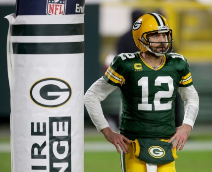 Green Bay Packers quarterback Aaron Rodgers (12) during the 3rd quarter of the Green Bay Packers 32-18 win over the Los Angeles Rams during the NFC divisional playoff game Saturday, Jan. 16, 2021, at Lambeau Field in Green Bay, Wis.

Packers Rams 04644