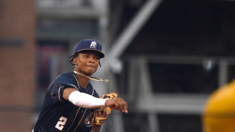 San Antonio Missions' CJ Abrams prepares to throw to first base at the game against the Hooks, Tuesday, May 4, 2021, at Whataburger Field. Missions won, 8-3.