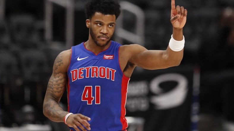 May 9, 2021; Detroit, Michigan, USA; Detroit Pistons forward Saddiq Bey (41) puts one finger up during the second quarter against the Chicago Bulls at Little Caesars Arena. Mandatory Credit: Raj Mehta-USA TODAY Sports