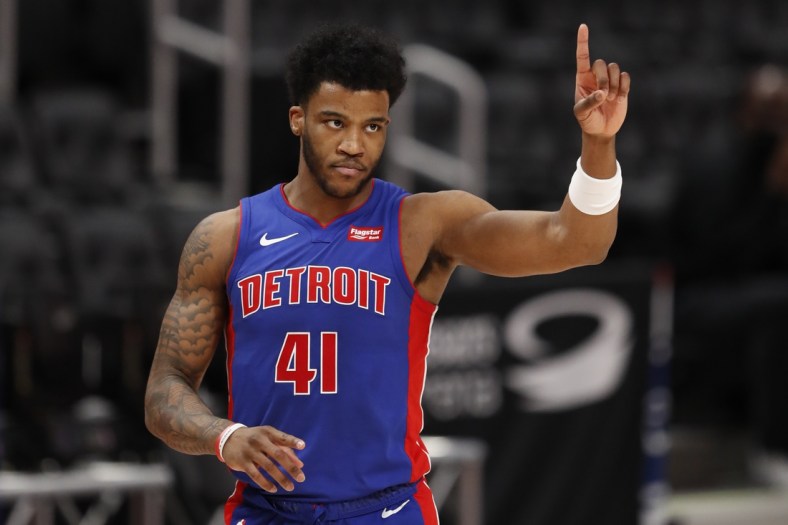 May 9, 2021; Detroit, Michigan, USA; Detroit Pistons forward Saddiq Bey (41) puts one finger up during the second quarter against the Chicago Bulls at Little Caesars Arena. Mandatory Credit: Raj Mehta-USA TODAY Sports
