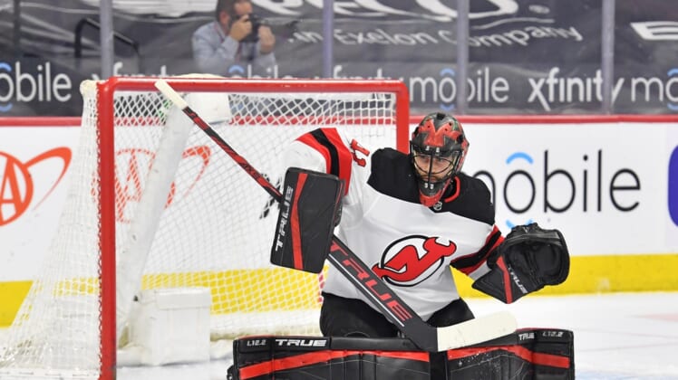 May 10, 2021; Philadelphia, Pennsylvania, USA; New Jersey Devils goaltender Scott Wedgewood (41) makes a save against the Philadelphia Flyers during the first period at Wells Fargo Center. Mandatory Credit: Eric Hartline-USA TODAY Sports