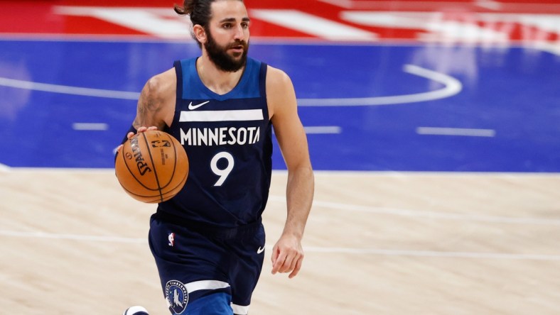 May 11, 2021; Detroit, Michigan, USA;  Minnesota Timberwolves guard Ricky Rubio (9) dribbles in the second half against the Detroit Pistons at Little Caesars Arena. Mandatory Credit: Rick Osentoski-USA TODAY Sports