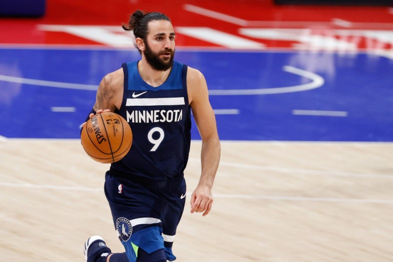 May 11, 2021; Detroit, Michigan, USA;  Minnesota Timberwolves guard Ricky Rubio (9) dribbles in the second half against the Detroit Pistons at Little Caesars Arena. Mandatory Credit: Rick Osentoski-USA TODAY Sports