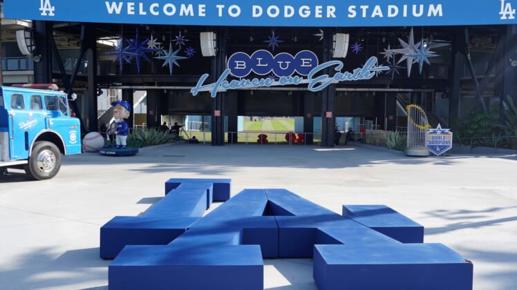 May 12, 2021; Los Angeles, California, USA; A detailed view of Los Angeles Dodgers LA logo in the center field plaza at Dodger Stadium. Mandatory Credit: Kirby Lee-USA TODAY Sports