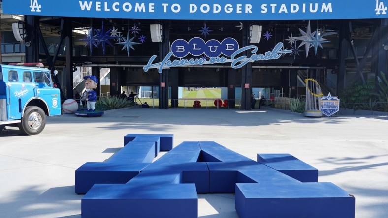 May 12, 2021; Los Angeles, California, USA; A detailed view of Los Angeles Dodgers LA logo in the center field plaza at Dodger Stadium. Mandatory Credit: Kirby Lee-USA TODAY Sports