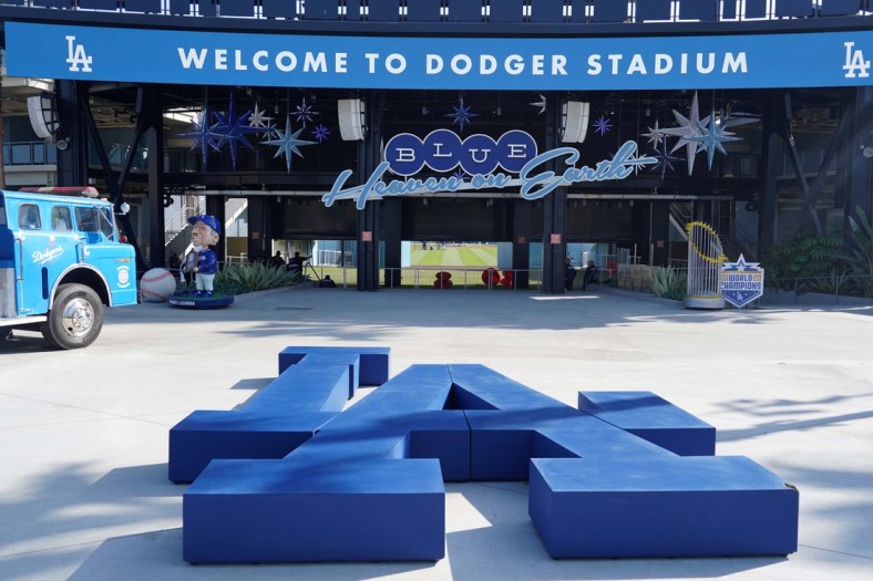 May 12, 2021; Los Angeles, California, USA; A detailed view of Los Angeles Dodgers LA logo in the center field plaza at Dodger Stadium. Mandatory Credit: Kirby Lee-USA TODAY Sports