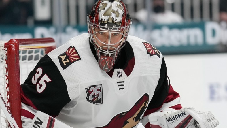 May 7, 2021; San Jose, California, USA;  Arizona Coyotes goaltender Darcy Kuemper (35) during the first period against the San Jose Sharks at SAP Center at San Jose. Mandatory Credit: Stan Szeto-USA TODAY Sports