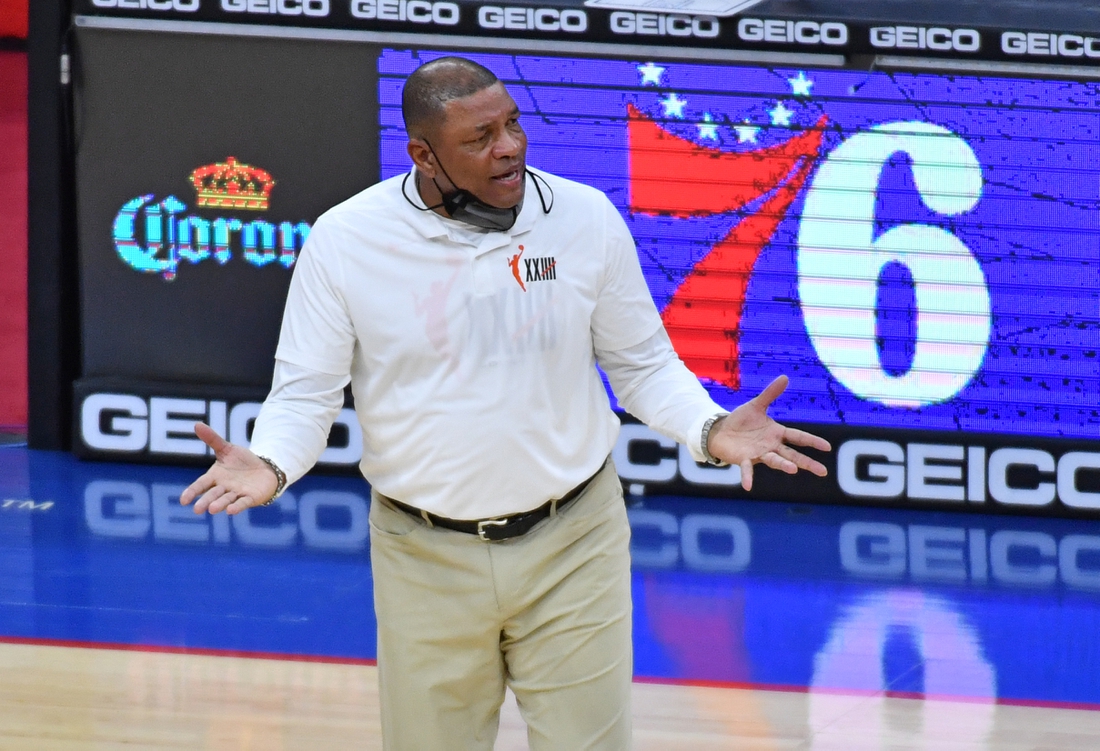 May 16, 2021; Philadelphia, Pennsylvania, USA; Philadelphia 76ers head coach Doc Rivers against the Orlando Magic during the second quarter at Wells Fargo Center. Mandatory Credit: Eric Hartline-USA TODAY Sports