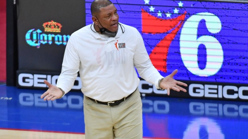 May 16, 2021; Philadelphia, Pennsylvania, USA; Philadelphia 76ers head coach Doc Rivers against the Orlando Magic during the second quarter at Wells Fargo Center. Mandatory Credit: Eric Hartline-USA TODAY Sports