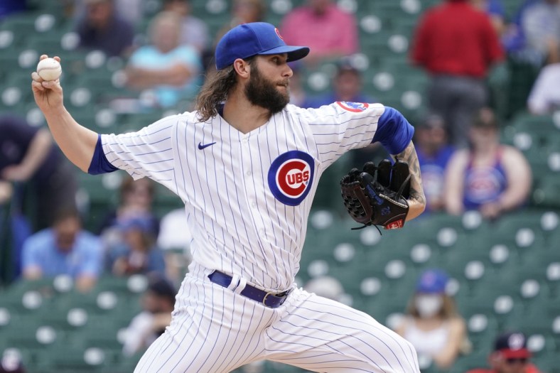May 20, 2021; Chicago, Illinois, USA; Chicago Cubs starting pitcher Trevor Williams (32) throws the ball against the Washington Nationals during the first inning at Wrigley Field. Mandatory Credit: David Banks-USA TODAY Sports