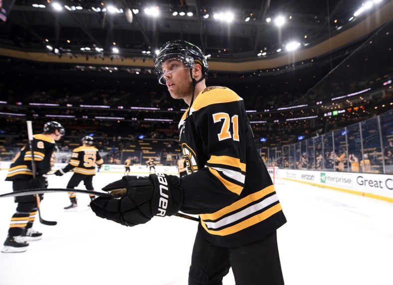May 21, 2021; Boston, Massachusetts, USA; Boston Bruins left wing Taylor Hall (71) skates during warmups prior to game four of the first round of the 2021 Stanley Cup Playoffs against the Washington Capitals at TD Garden. Mandatory Credit: Bob DeChiara-USA TODAY Sports