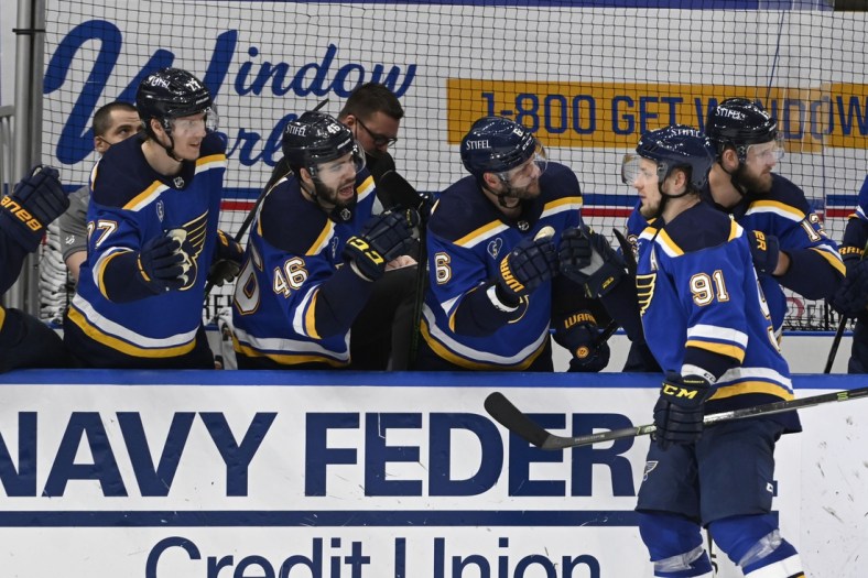 May 23, 2021; St. Louis, Missouri, USA; St. Louis Blues right wing Vladimir Tarasenko (91) is congratulated by teammates after scoring a goal against the Colorado Avalanche in the third period in game four of the first round of the 2021 Stanley Cup Playoffs at Enterprise Center. Mandatory Credit: Jeff Le-USA TODAY Sports