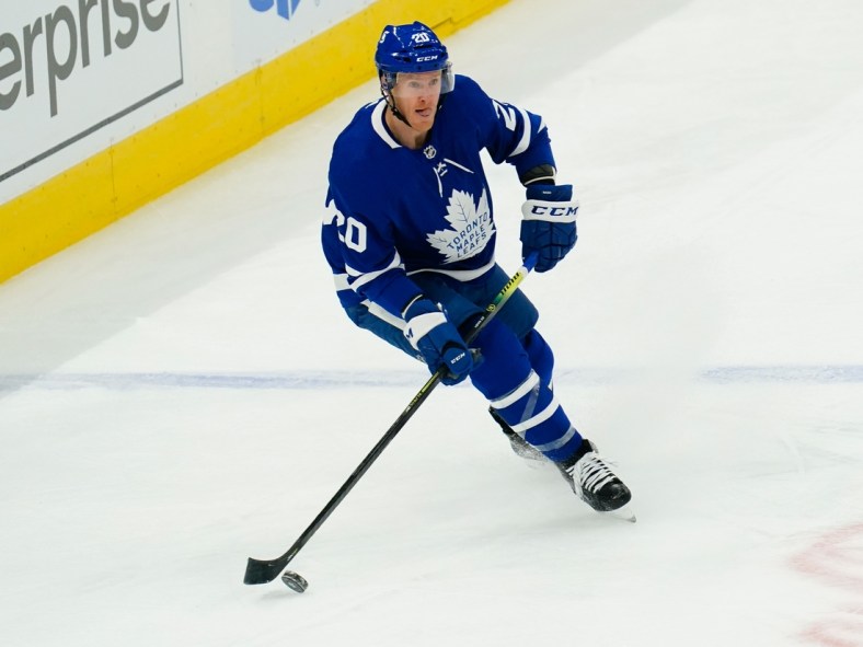 May 20, 2021; Toronto, Ontario, CAN; Toronto Maple Leafs forward Riley Nash (20) looks to pass the puck against the Montreal Canadiens during the first period of game one of the first round of the 2021 Stanley Cup Playoffs at Scotiabank Arena. Mandatory Credit: John E. Sokolowski-USA TODAY Sports