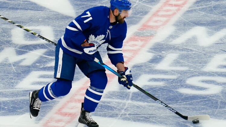 May 20, 2021; Toronto, Ontario, CAN; Toronto Maple Leafs forward Nick Foligno (71) carries the puck against the Montreal Canadiens during the second period of game one of the first round of the 2021 Stanley Cup Playoffs at Scotiabank Arena. Mandatory Credit: John E. Sokolowski-USA TODAY Sports