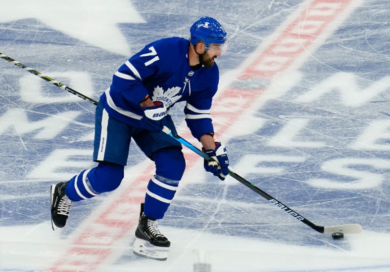 May 20, 2021; Toronto, Ontario, CAN; Toronto Maple Leafs forward Nick Foligno (71) carries the puck against the Montreal Canadiens during the second period of game one of the first round of the 2021 Stanley Cup Playoffs at Scotiabank Arena. Mandatory Credit: John E. Sokolowski-USA TODAY Sports