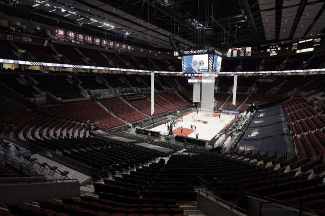 May 27, 2021; Portland, Oregon, USA; A general view inside the Moda Center before game three in the first round of the 2021 NBA Playoffs. Mandatory Credit: Soobum Im-USA TODAY Sports