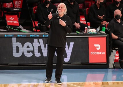 May 12, 2021; Brooklyn, New York, USA;  San Antonio Spurs head coach Gregg Popovich at Barclays Center. Mandatory Credit: Wendell Cruz-USA TODAY Sports