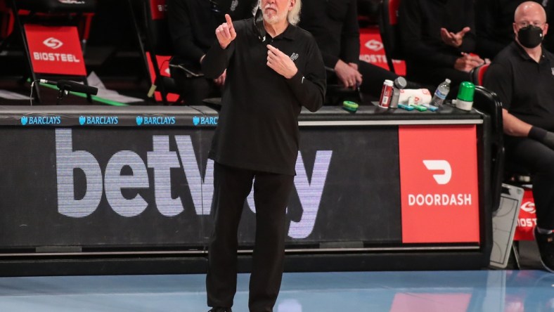 May 12, 2021; Brooklyn, New York, USA;  San Antonio Spurs head coach Gregg Popovich at Barclays Center. Mandatory Credit: Wendell Cruz-USA TODAY Sports