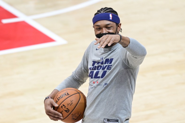 May 31, 2021; Washington, District of Columbia, USA;Washington Wizards guard Bradley Beal (3) warms up on the court before  game four in the first round of the 2021 NBA Playoffs A| . at Capital One Arena. Mandatory Credit: Tommy Gilligan-USA TODAY Sports