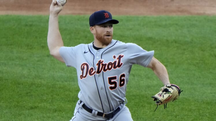 Jun 4, 2021; Chicago, Illinois, USA; Detroit Tigers starting pitcher Spencer Turnbull (56) throws a pitch against the Chicago White Sox during the first inning at Guaranteed Rate Field. Mandatory Credit: Mike Dinovo-USA TODAY Sports