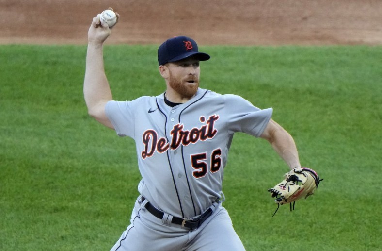 Jun 4, 2021; Chicago, Illinois, USA; Detroit Tigers starting pitcher Spencer Turnbull (56) throws a pitch against the Chicago White Sox during the first inning at Guaranteed Rate Field. Mandatory Credit: Mike Dinovo-USA TODAY Sports