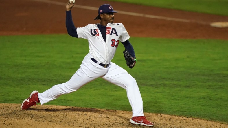 Jun 5, 2021; Port St. Lucie, Florida, USA; USA relief pitcher Edwin Jackson (33) delivers a pitch in the 8th inning against Venezuela in the Super Round of the WBSC Baseball Americas Qualifier series at Clover Park. Mandatory Credit: Jasen Vinlove-USA TODAY Sports