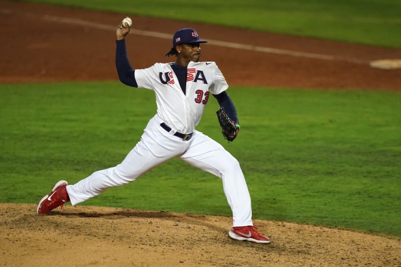 Jun 5, 2021; Port St. Lucie, Florida, USA; USA relief pitcher Edwin Jackson (33) delivers a pitch in the 8th inning against Venezuela in the Super Round of the WBSC Baseball Americas Qualifier series at Clover Park. Mandatory Credit: Jasen Vinlove-USA TODAY Sports