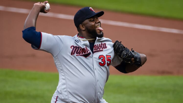 Jun 1, 2021; Baltimore, Maryland, USA; Minnesota Twins starting pitcher Michael Pineda (35) pitches against the Baltimore Orioles during the first inning at Oriole Park at Camden Yards. Mandatory Credit: Scott Taetsch-USA TODAY Sports