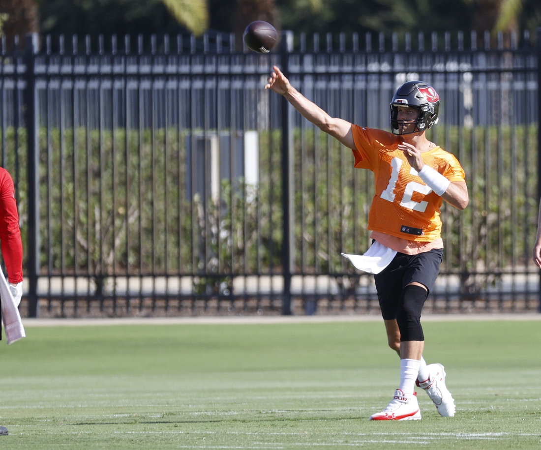 Jun 9, 2021; Tampa, FL, USA;  Tampa Bay Buccaneers quarterback Tom Brady (12) at AdventHealth Training Center. Mandatory Credit: Kim Klement-USA TODAY Sports