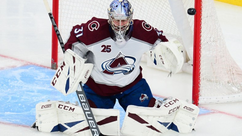 Jun 10, 2021; Las Vegas, Nevada, USA; Colorado Avalanche goaltender Philipp Grubauer (31) defends the goal against the Vegas Golden Knights during the second period in game six of the second round of the 2021 Stanley Cup Playoffs at T-Mobile Arena. Mandatory Credit: Gary A. Vasquez-USA TODAY Sports