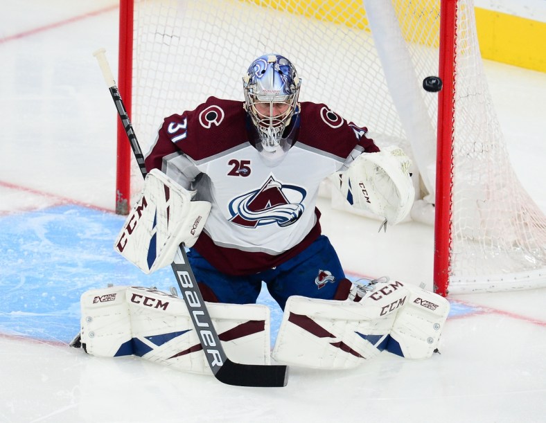 Jun 10, 2021; Las Vegas, Nevada, USA; Colorado Avalanche goaltender Philipp Grubauer (31) defends the goal against the Vegas Golden Knights during the second period in game six of the second round of the 2021 Stanley Cup Playoffs at T-Mobile Arena. Mandatory Credit: Gary A. Vasquez-USA TODAY Sports