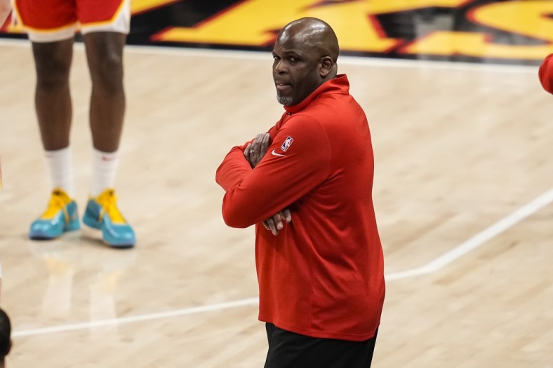 Jun 11, 2021; Atlanta, Georgia, USA; Atlanta Hawks interim head coach Nate McMillan shown on the court against the Philadelphia 76ers during the second half of game three in the second round of the 2021 NBA Playoffs. at State Farm Arena. Mandatory Credit: Dale Zanine-USA TODAY Sports