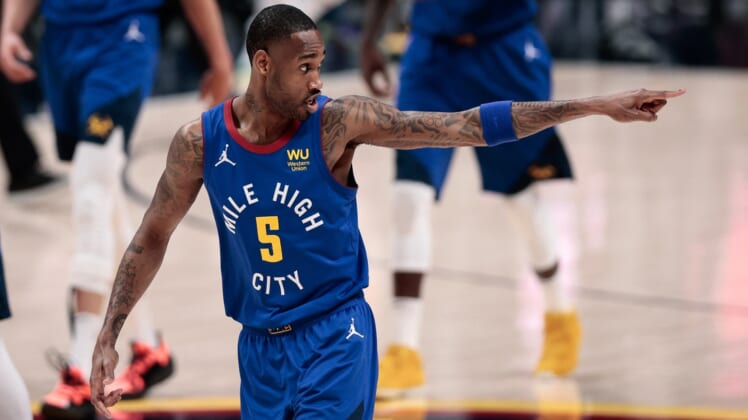 Jun 11, 2021; Denver, Colorado, USA; Denver Nuggets forward Will Barton (5) gestures after a play in the first quarter against the Phoenix Suns during game three in the second round of the 2021 NBA Playoffs at Ball Arena. Mandatory Credit: Isaiah J. Downing-USA TODAY Sports