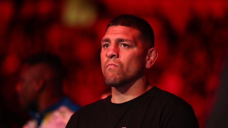 Jun 12, 2021; Glendale, Arizona, USA; Nick Diaz brother of Nate Diaz in attendance during UFC 263 at Gila River Arena. Mandatory Credit: Mark J. Rebilas-USA TODAY Sports